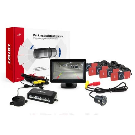 Amio tolatóradar 4,3 hüvelykes TFT kijelzővel HD-308-as LEDES 18mm éjjellátó kamerával 4 rejtett fekete szenzorral