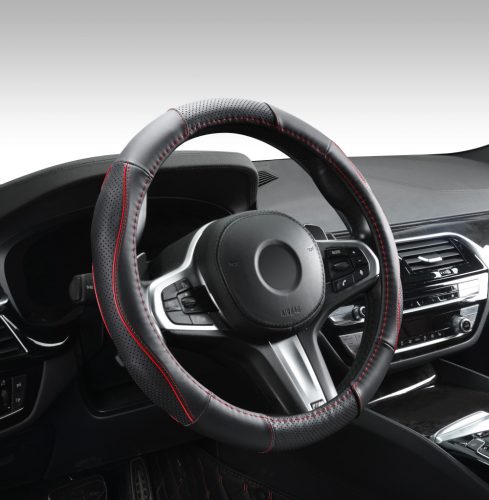 DW-5056R-42 42 cm Lenkradbezug aus echtem Leder mit Belüftungslöchern und rotem Einlegemuster