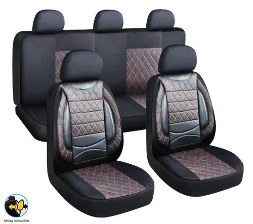 Audi  A1 01099 11 MŰBŐR részes univerzális üléshuzat szett - 2HELYEN osztható Légzsákos - fekete-Piros 203-2BR
