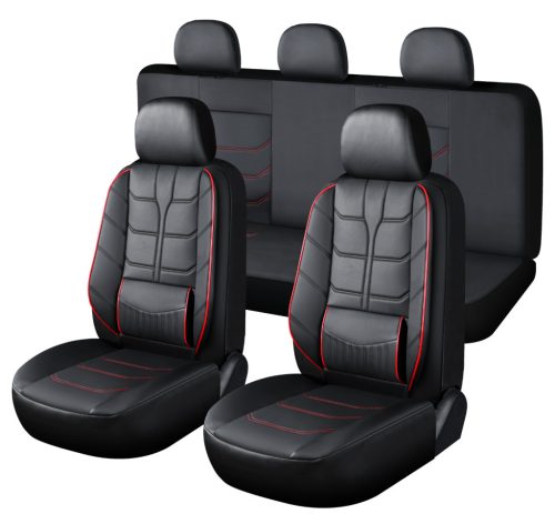 CHEVROLET AVEO 11 teilig Kunstleder + Lendenstütze universelles Sitzbezugsset - an 2 Stellen teilbar airbaggeeignet - schwarz-rot