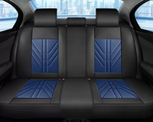Dacia Sandero Stepway 13 részes Prémium Magas minőségű Műbőr üléshuzat szett nyakpárnákkal - Légzsákos - Osztható - Fekete/Sötét kék színben