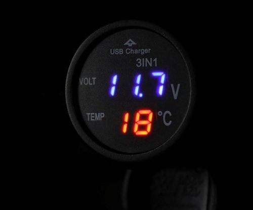 13207 USB-Autoladegerät mit Voltmeter und digitalem LCD-Thermometer, Zigarettenanzünderanschluss 12/24 V