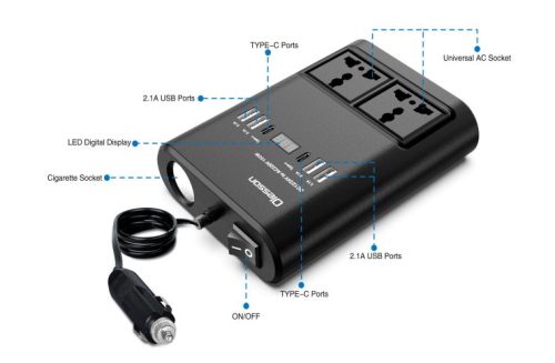 13276 12/24V Kfz-Wechselrichter 150W Konverter auf 220V Wechselstrom, mit 2 Netzsteckdosen, 4 USB-Anschlüssen (davon 2 Typ-C-Anschlüsse) und 1 Zigarettenanzünderbuchse