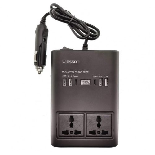 13276 12/24V Kfz-Wechselrichter 150W Konverter auf 220V Wechselstrom, mit 2 Netzsteckdosen, 4 USB-Anschlüssen (davon 2 Typ-C-Anschlüsse) und 1 Zigarettenanzünderbuchse