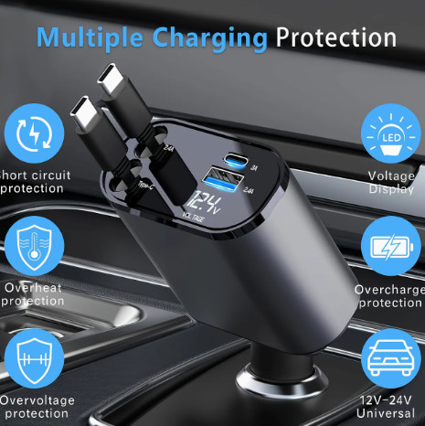 120-W-4-in-1-Autoladegerät – mit einziehbarem Kabel, USB-C + Apple-Anschluss, PD-USB-Schnellladung (12/24 V)