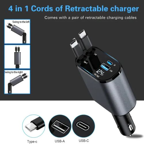 120-W-4-in-1-Autoladegerät – mit einziehbarem Kabel, USB-C + Apple-Anschluss, PD-USB-Schnellladung (12/24 V)