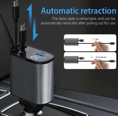 120-W-4-in-1-Autoladegerät – mit einziehbarem Kabel, USB-C + Apple-Anschluss, PD-USB-Schnellladung (12/24 V)