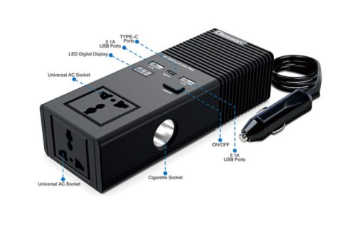 63011 12/24V Kfz-Wechselrichter 200W Konverter auf 220V Wechselstrom, mit 2 Steckdosen, 2 USB-Anschlüssen, 1 USB-C-Anschluss und 1 Zigarettenanzünderbuchse