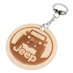   JEEP gravírozott fa kulcstartó 8mm nyírfából 5cm átmérővel