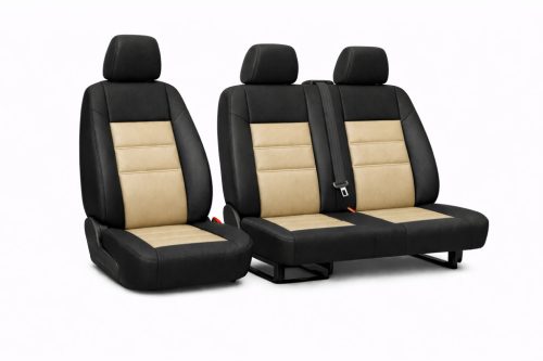 PrestigeLeather™ Prémium Méretpontos Autóipari Kárpit és Műbőr Betéttel Üléshuzat RENAULT TRAFIC 2+1 I (2001-2014)– választható színekben, UV álló, AIRBAG SAFE, egyedi felirattal/logóval kérhető