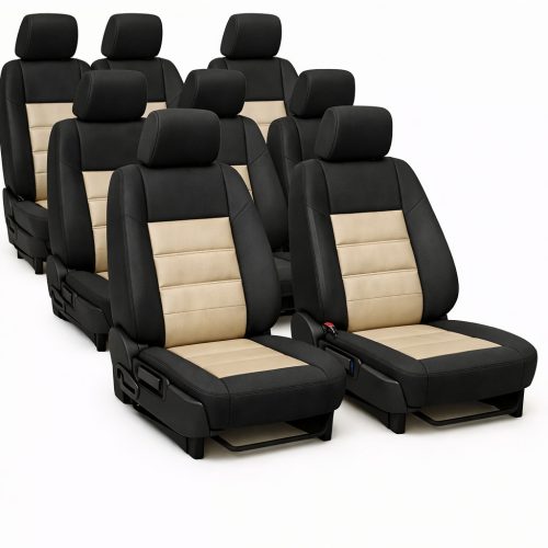 PrestigeLeather™ Prémium Méretpontos Autóipari Kárpit és Műbőr Betéttel Üléshuzat FIAT SCUDO 8 seats II (2007-2016)– választható színekben, UV álló, AIRBAG SAFE, egyedi felirattal/logóval kérhető