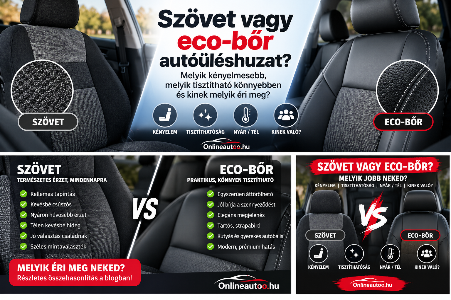 Szövet vagy eco-bőr autóüléshuzat: melyik kényelmesebb, melyik tisztítható könnyebben?